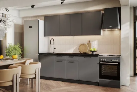 Кухонный гарнитур Нонтон Арнуво, 200 см, графит / черная столешница